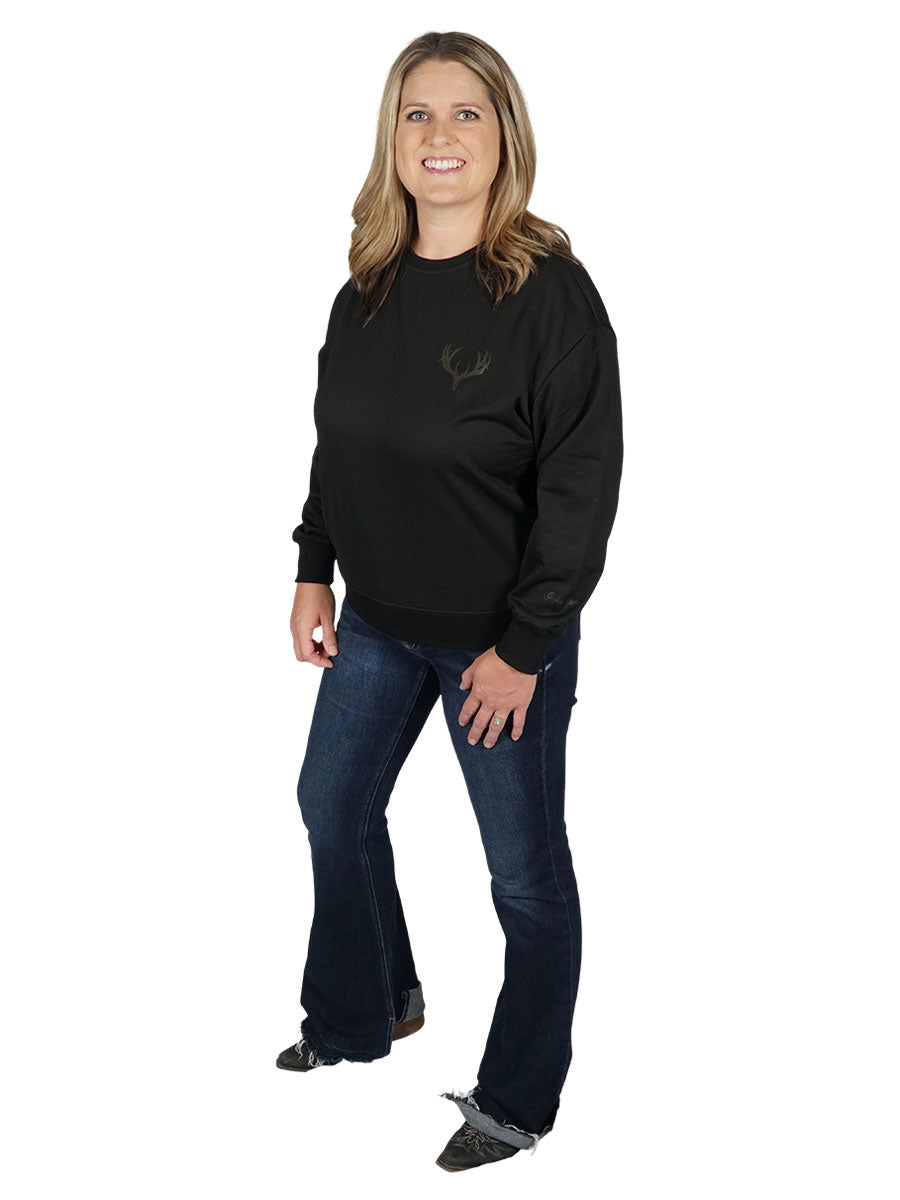 Women's Buck Skull Pullover in black with Girls with Guns Classic Buck Head Logo on the left chest.